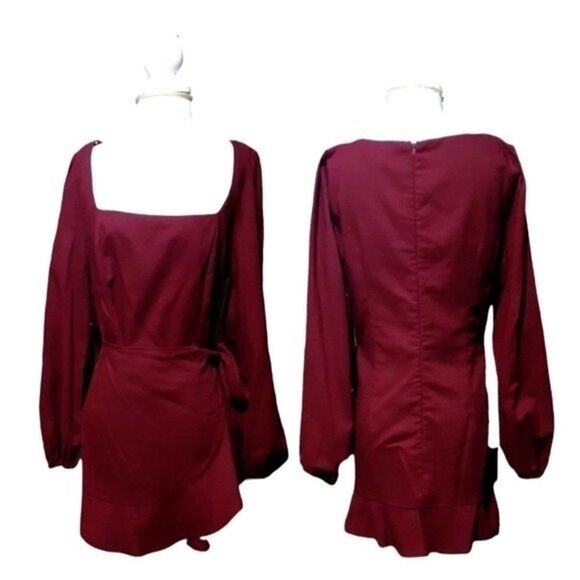 Princess Polly The Villa Mini Dress Burgundy Faux Wrap Puff Long Sleeves Sz 12 - Picture 3 of 9